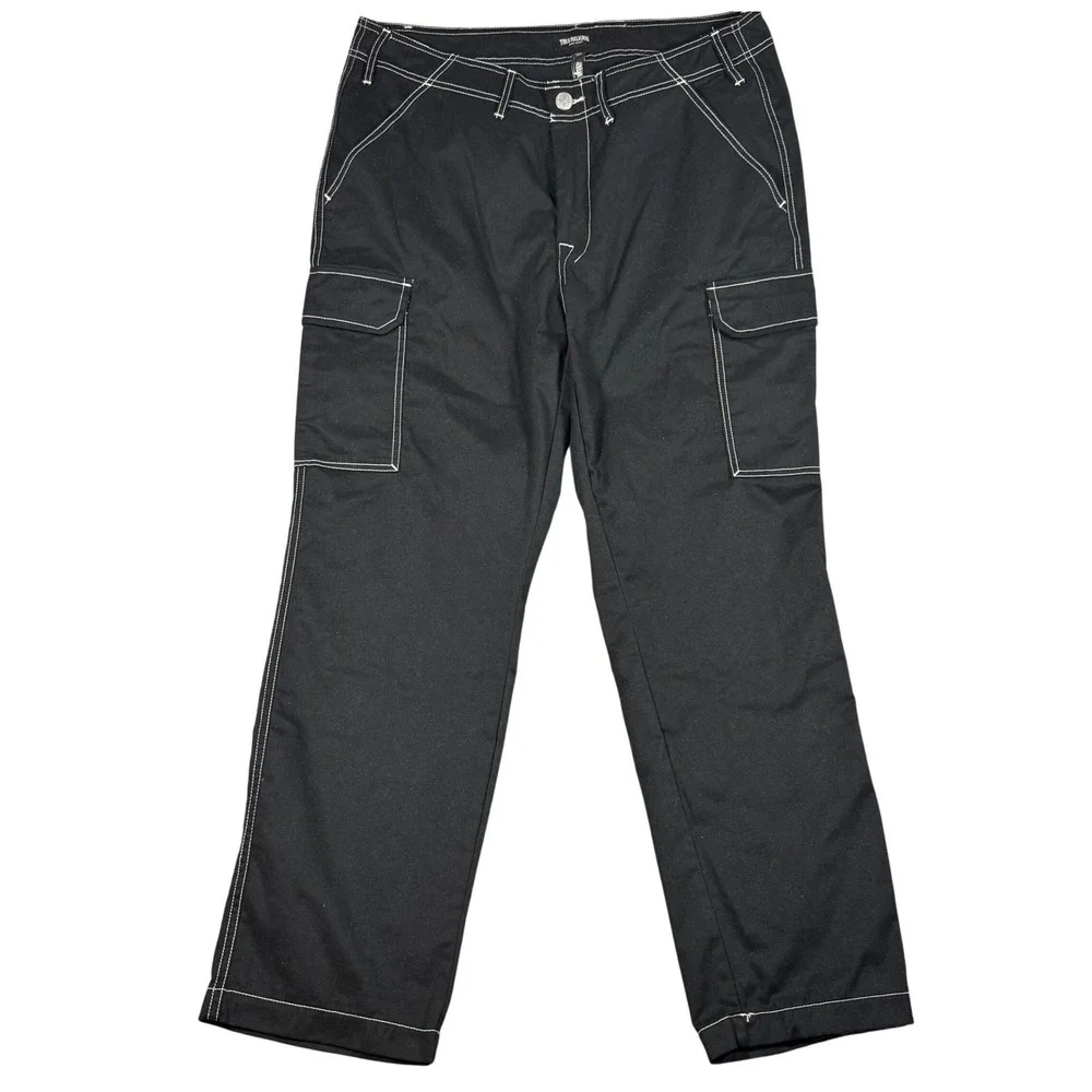 True Religion Cargo Pants Mens 36 Black Contrast Stitch Straight Leg Horseshoe